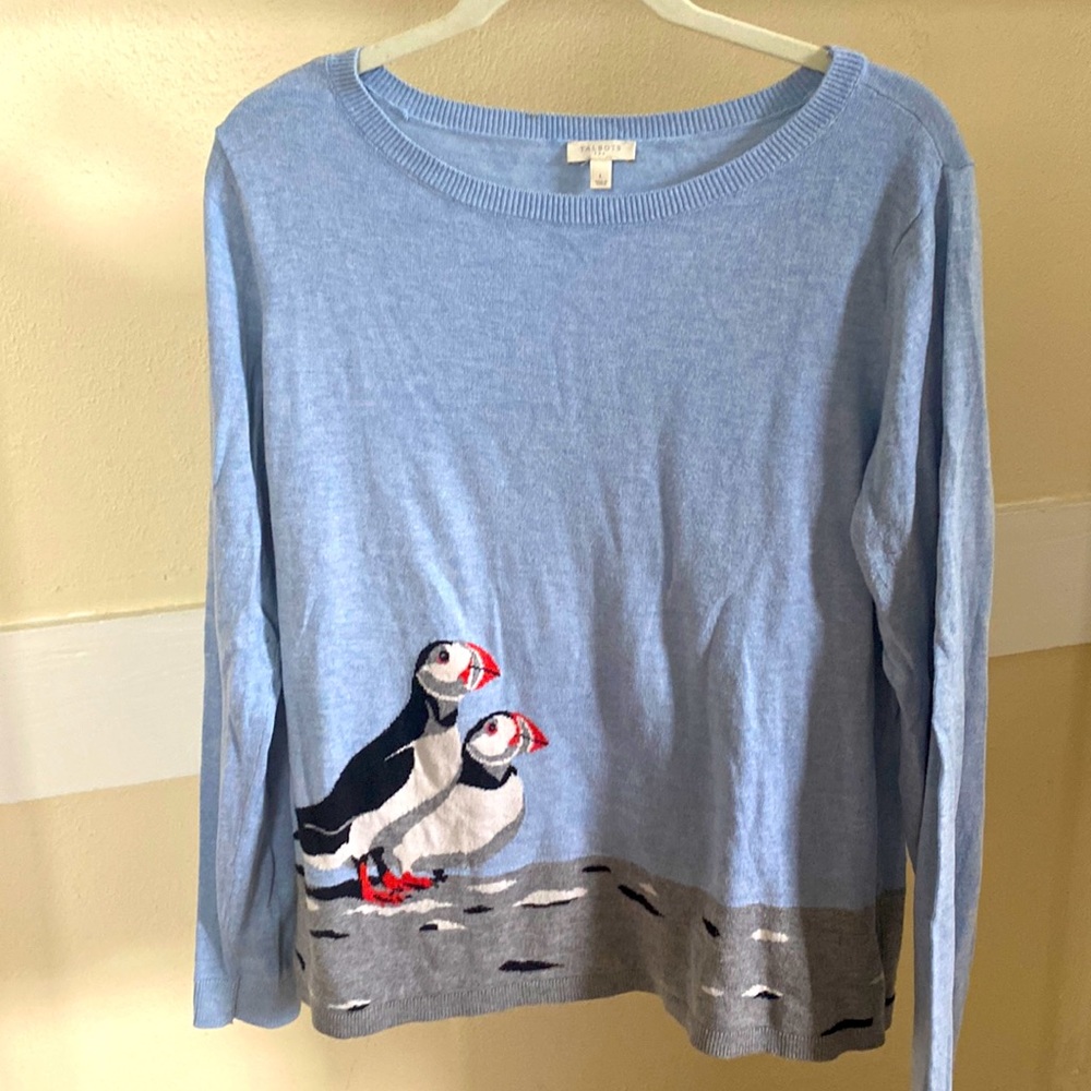 Talbots, Large, light blue sweater with puffins